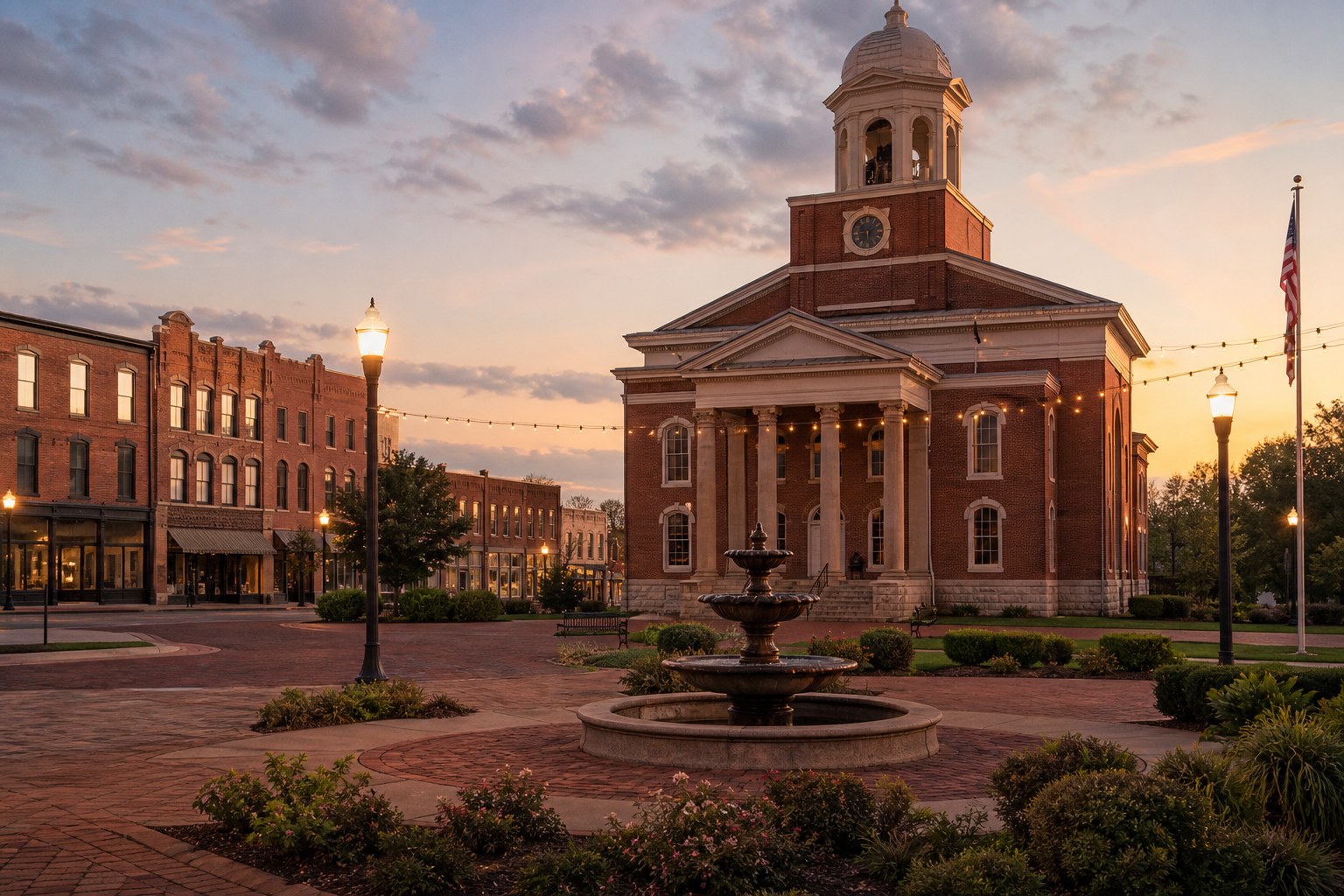 Historic Middle Tennessee town square at dusk, AI-generated representative image