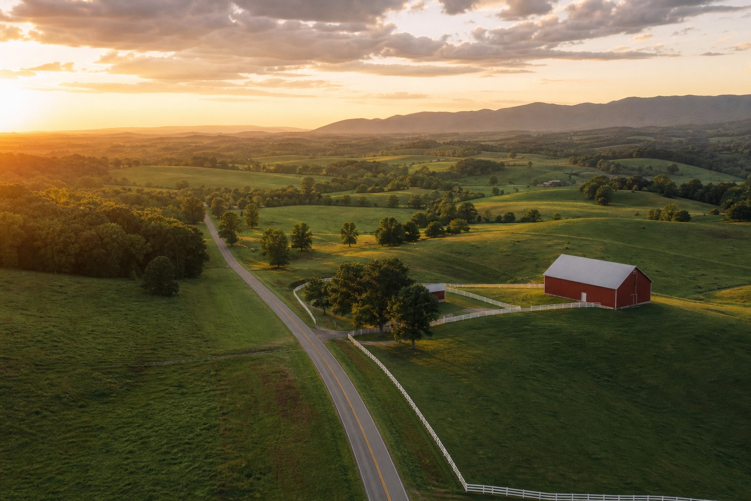 Aerial view of rolling Middle Tennessee farmland at sunset with a red barn and country road, AI-generated representative image