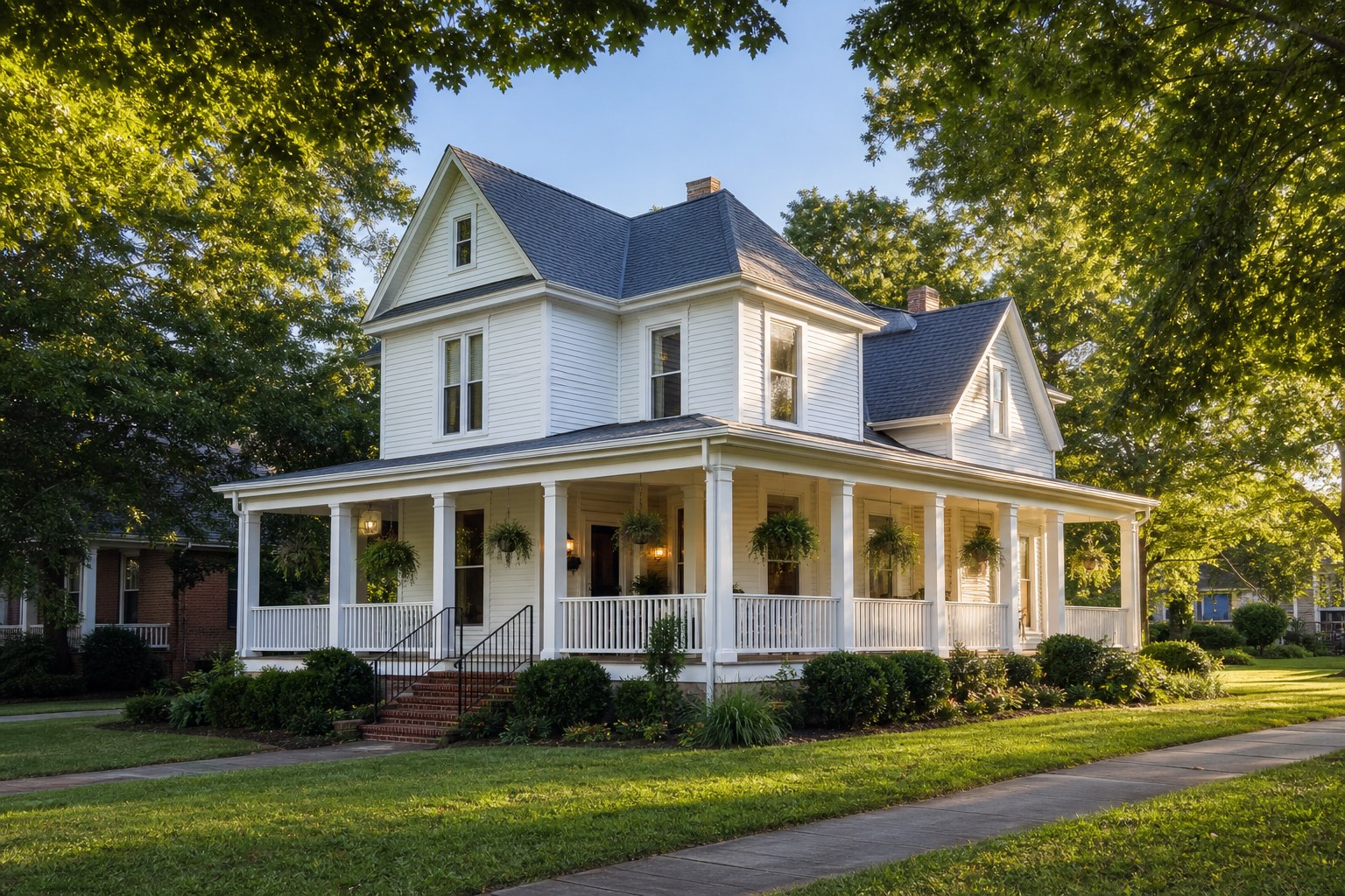 Classic white farmhouse-style home with a wraparound porch, AI-generated representative image