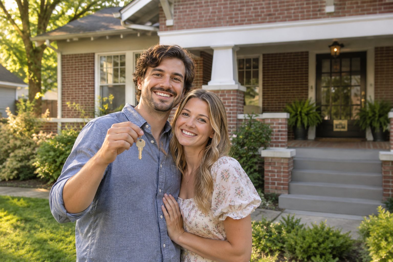 A smiling couple holding new house keys in front of a brick Nashville bungalow, AI-generated representative image