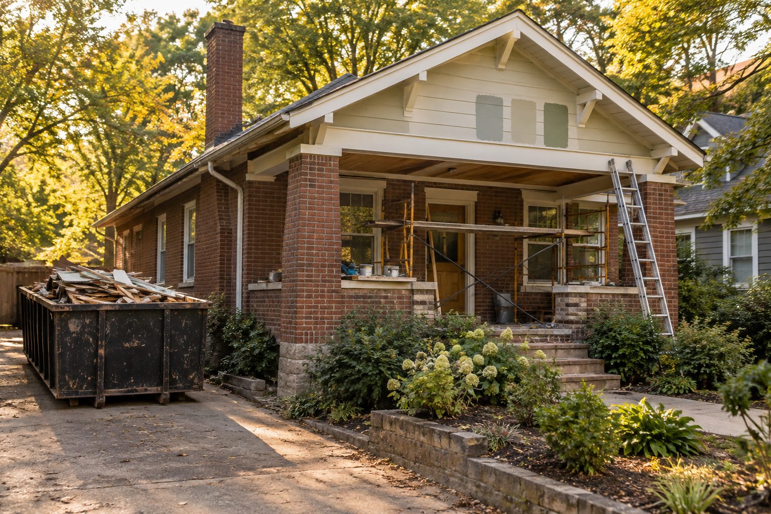 An older brick bungalow mid-renovation with scaffolding on the porch and a dumpster in the driveway, AI-generated representative image