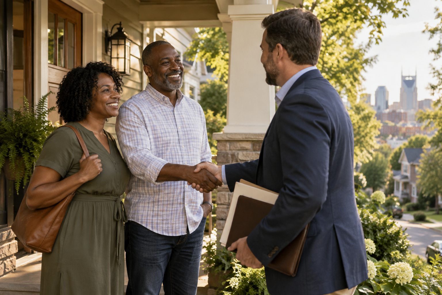 A couple shaking hands with their real estate agent on the porch of a Nashville craftsman home, AI-generated representative image