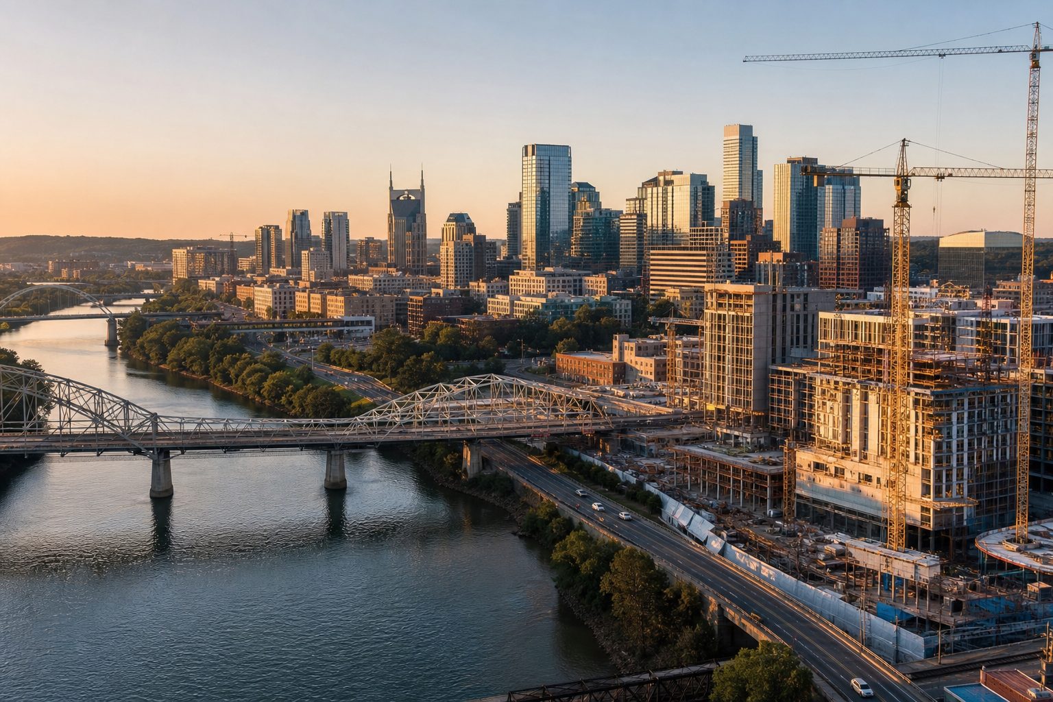 Downtown Nashville skyline at golden hour across the Cumberland River with construction cranes on the east bank, AI-generated representative image