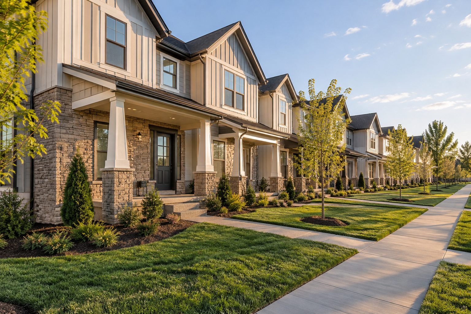 A row of new craftsman-style townhomes with stone porches on a sunny street, AI-generated representative image