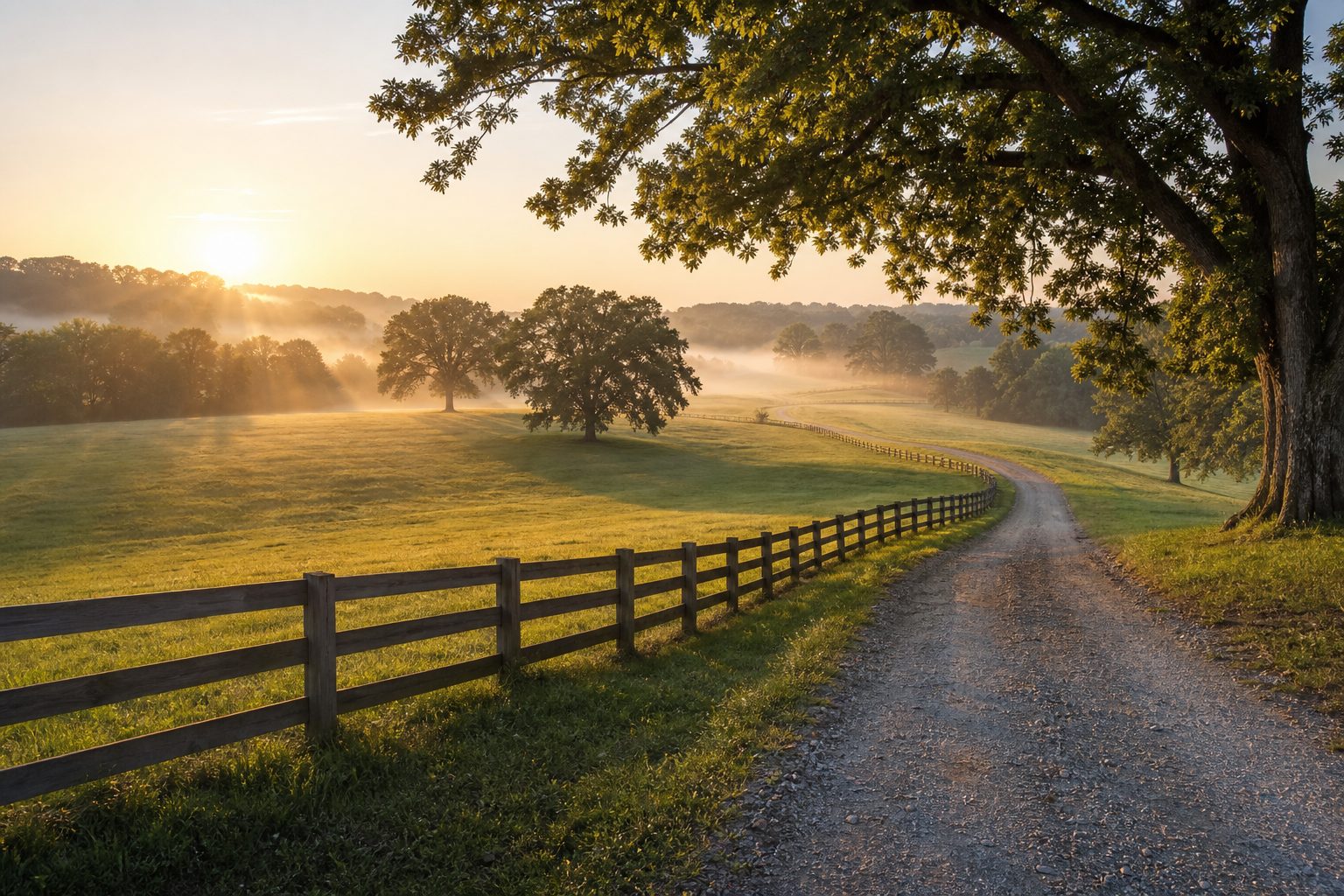 Rolling Tennessee pasture at sunrise with a wooden fence line and gravel drive, AI-generated representative image