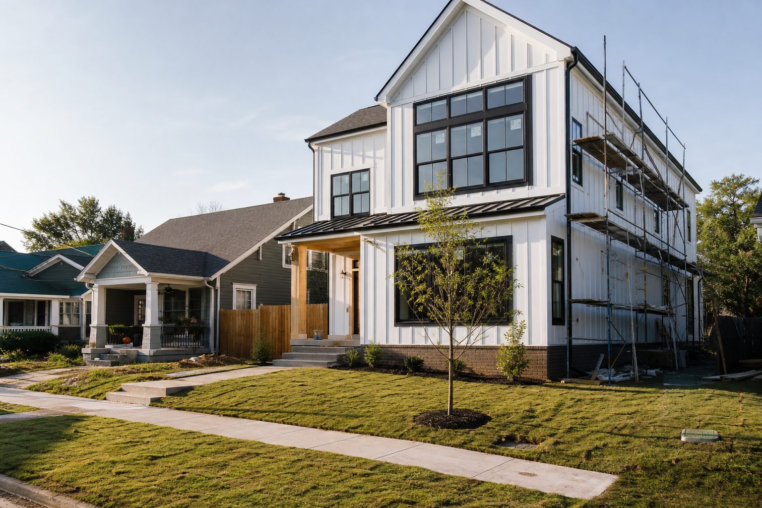 A newly built modern farmhouse beside older bungalows on an East Nashville infill street, AI-generated representative image
