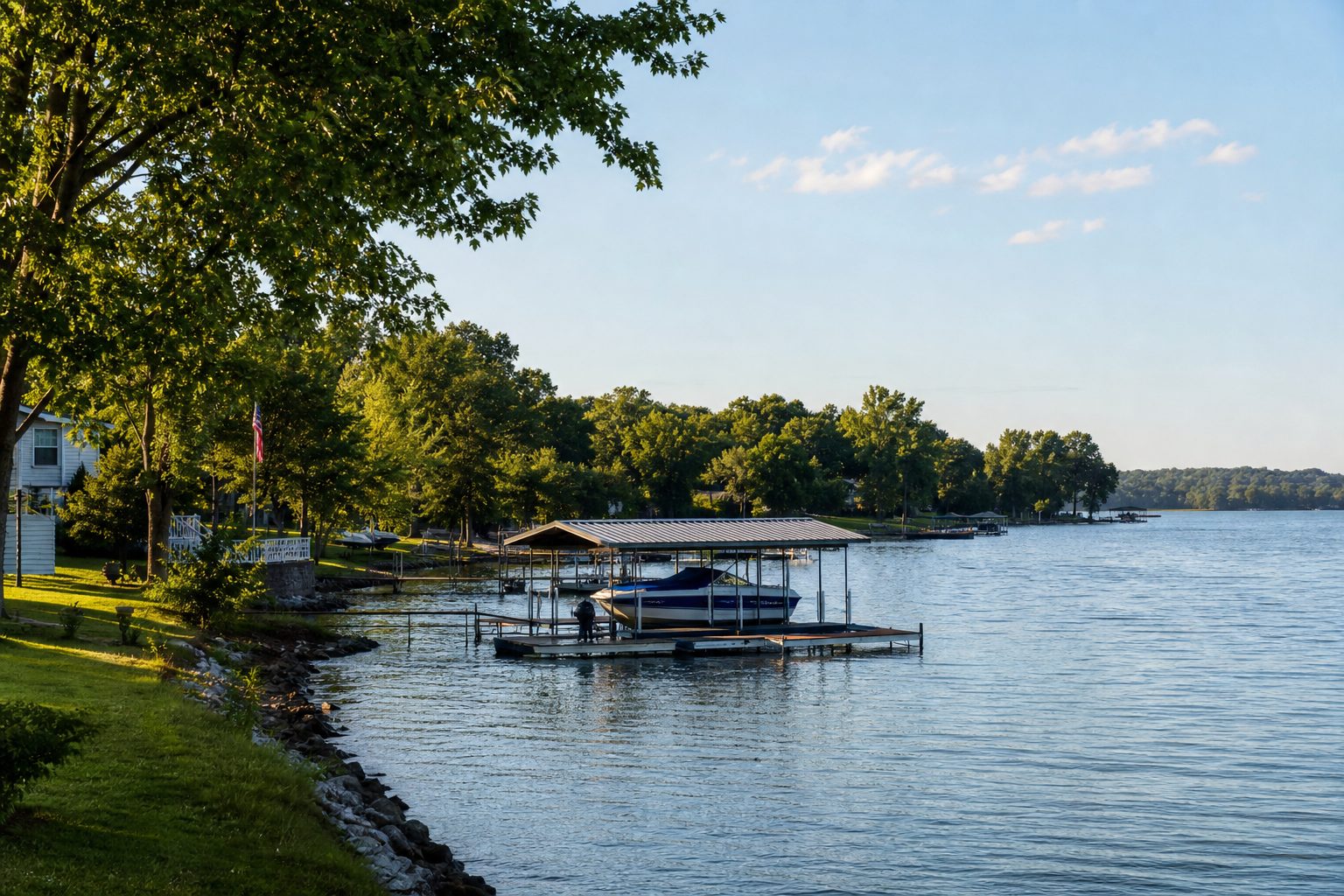 Old Hickory Lake shoreline with a covered boat dock on a summer afternoon, AI-generated representative image
