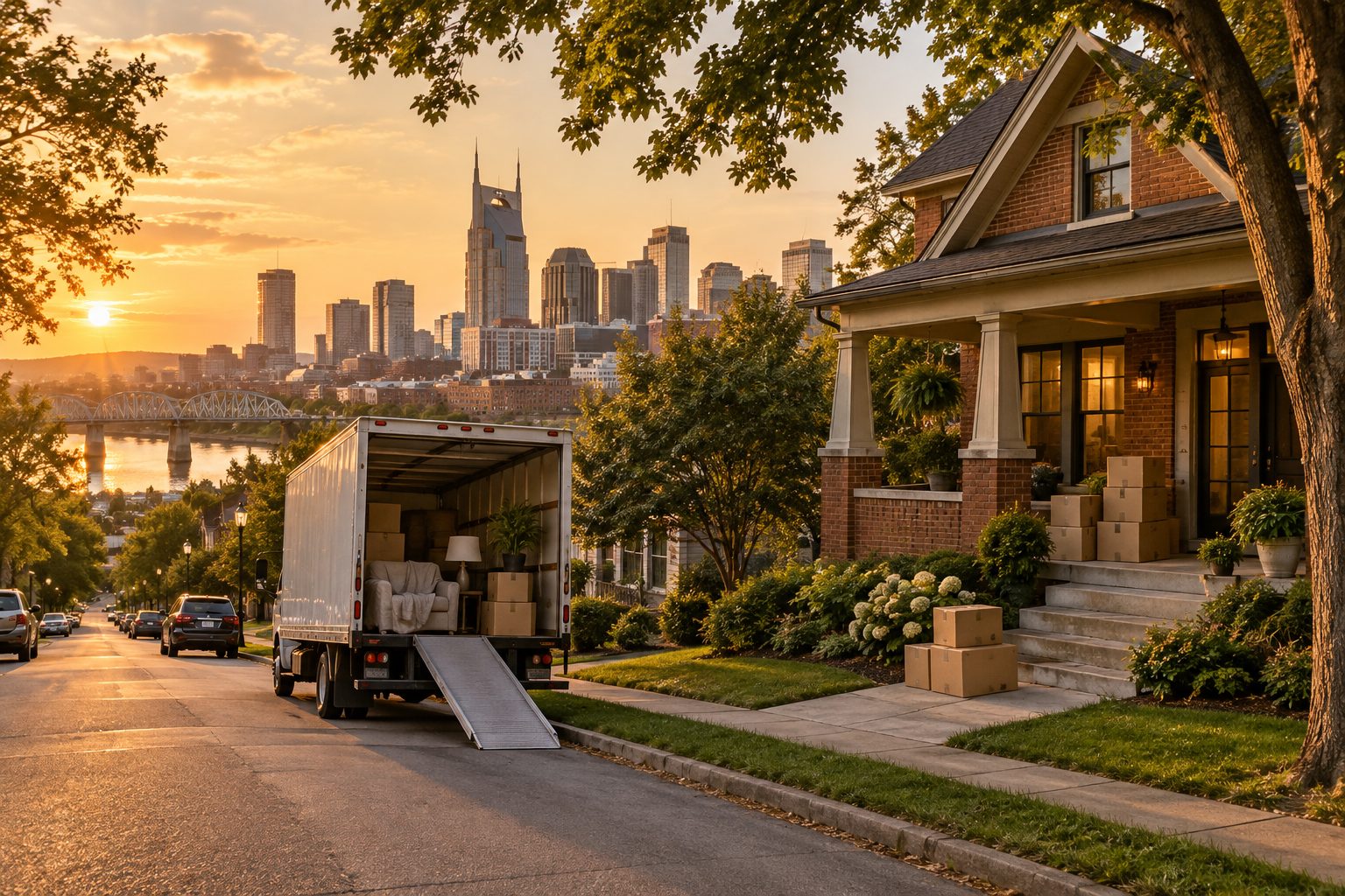 A moving truck in front of a brick craftsman home with the Nashville skyline at sunset, AI-generated representative image