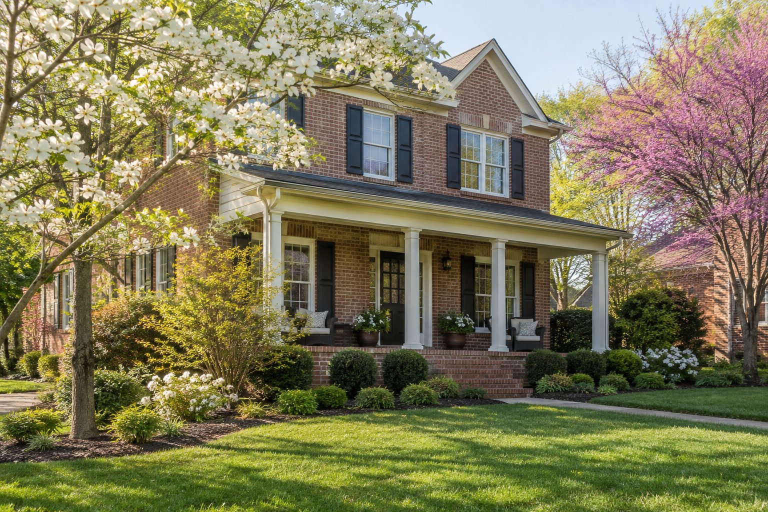 A brick two-story home with a front porch and blooming dogwood and redbud trees, AI-generated representative image