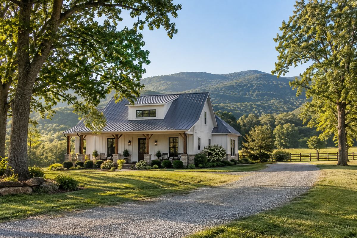 Country home on an acre with oak trees and rural Tennessee hills behind it, representative photograph