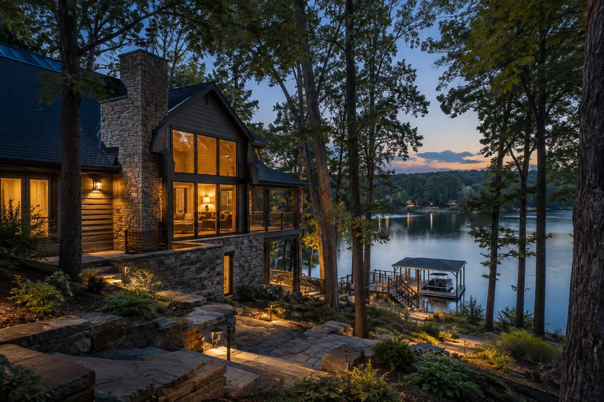 Tennessee home on a wooded lot near the lake at blue hour, representative photograph