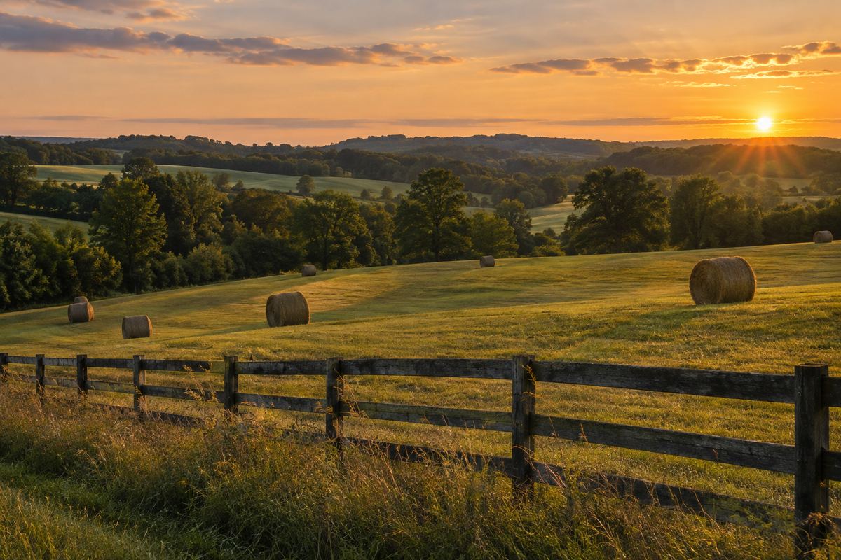 Rolling Middle Tennessee pasture and hayfield at golden hour, representative photograph