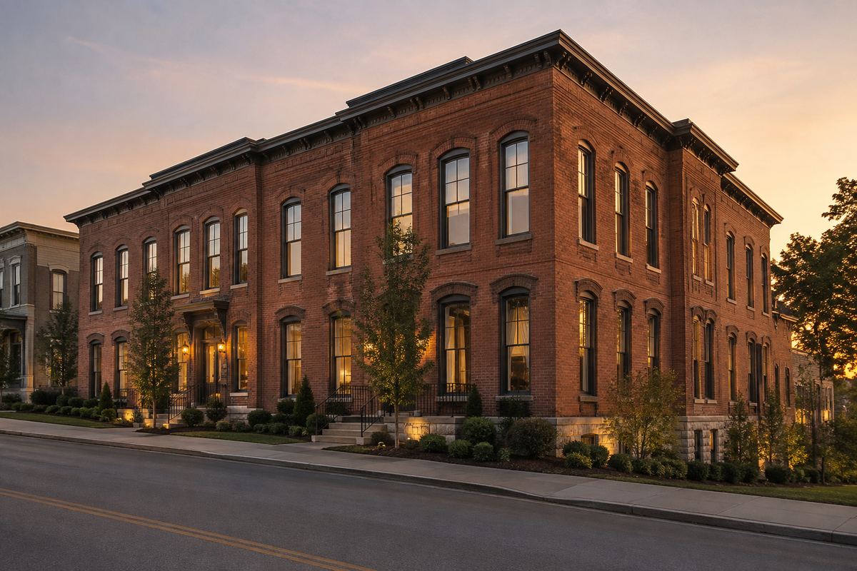 Historic brick multi-unit building on a small Tennessee town street, representative photograph