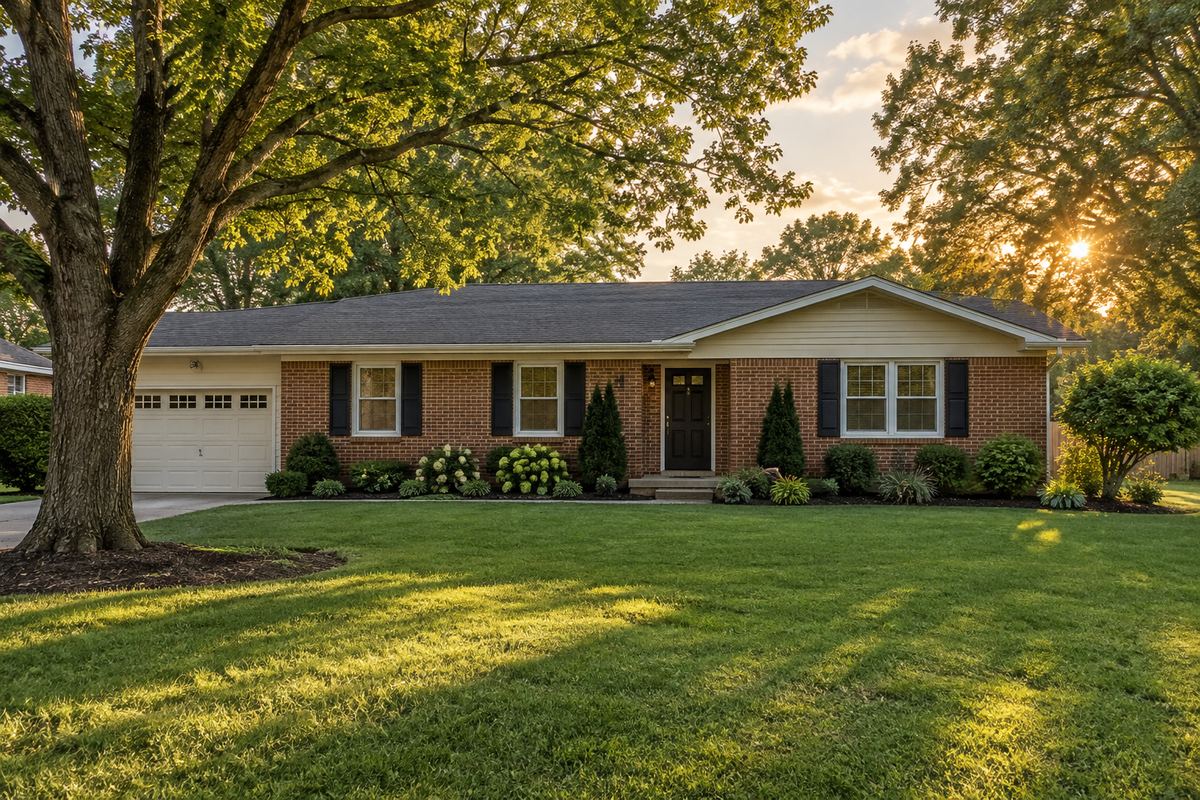 Brick ranch home on a shaded lot in a small Middle Tennessee town, representative photograph