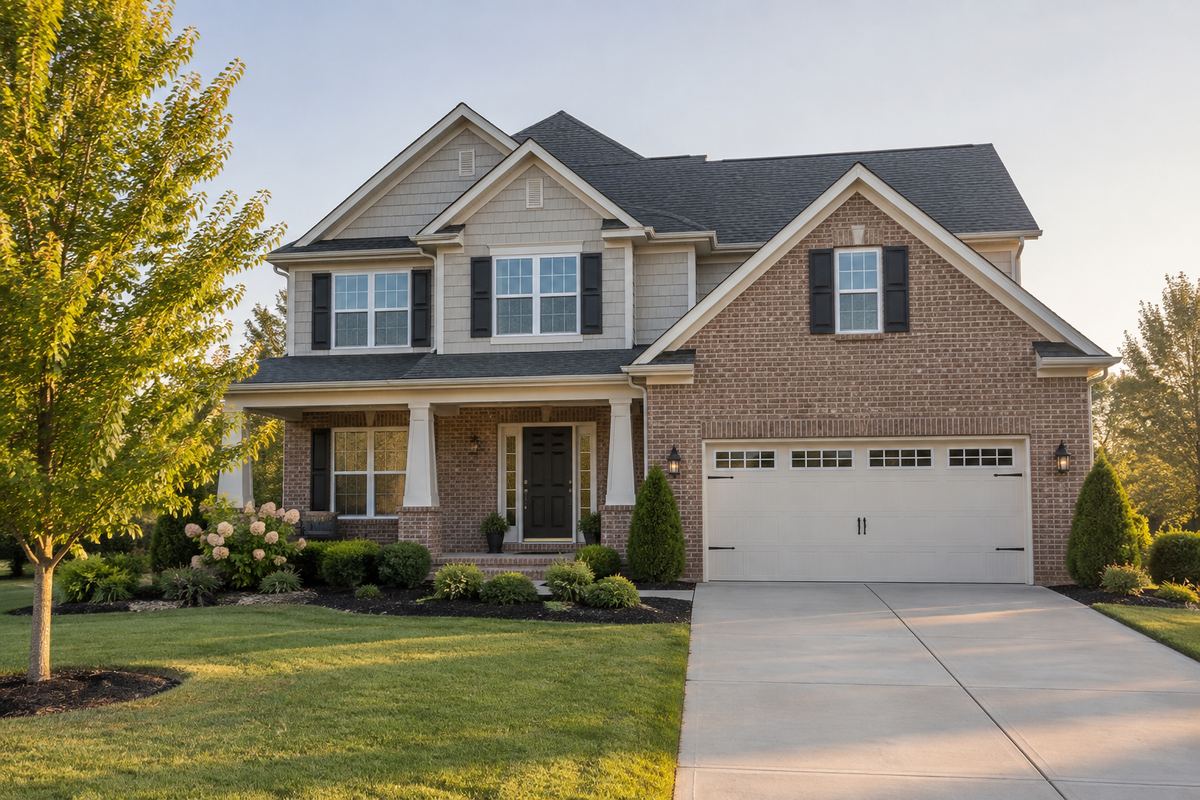 Two-story suburban family home with a landscaped front yard, representative photograph