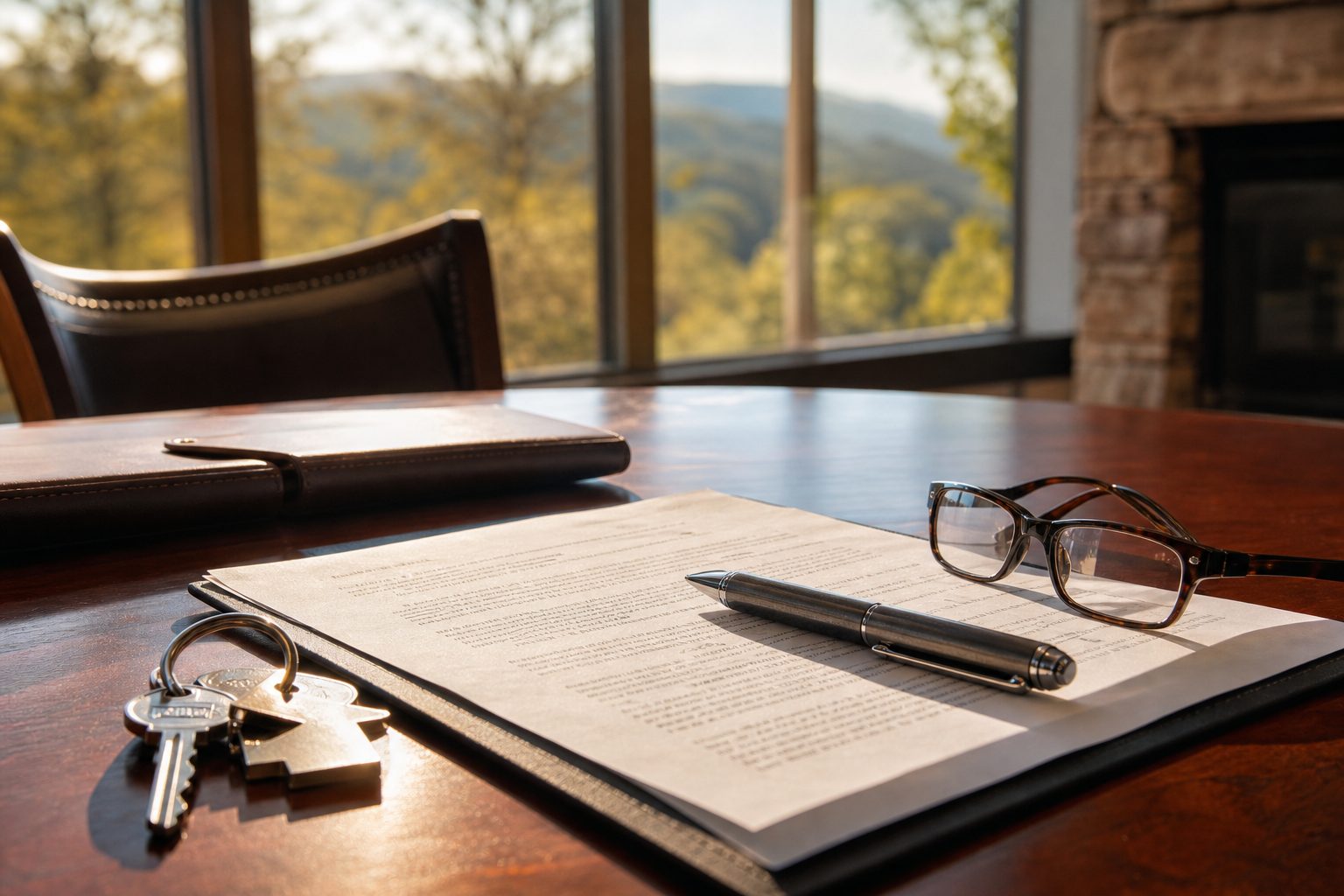 Purchase agreement paperwork, a pen and house keys on a closing table, AI-generated representative image