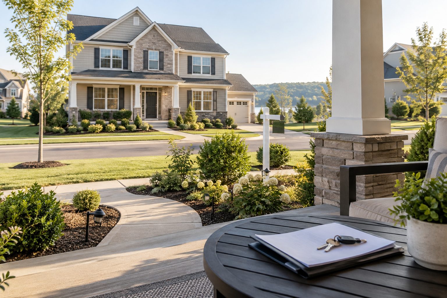A two-story suburban home with a covered porch, seen from a neighboring porch with keys and closing papers on a table, AI-generated representative image