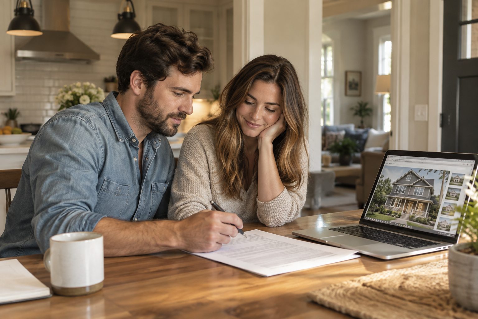 A couple reviewing a home purchase offer at a kitchen table, AI-generated representative image