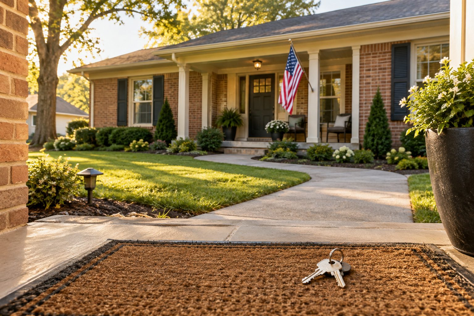 A brick ranch home with a front porch and an American flag, house keys on a welcome mat in the foreground, AI-generated representative image
